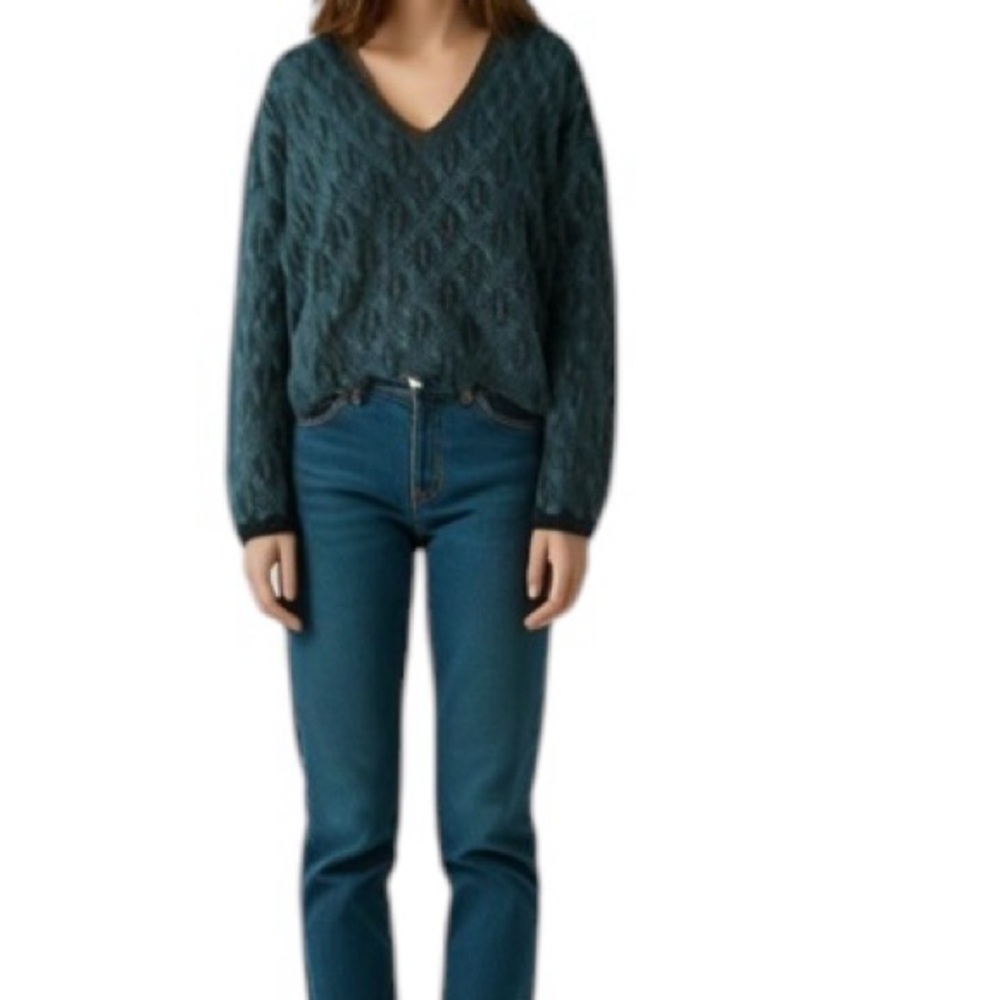 Vintage 80’s Oversized Black And Teal Abstract Print Deep V Neck Sweater Size M